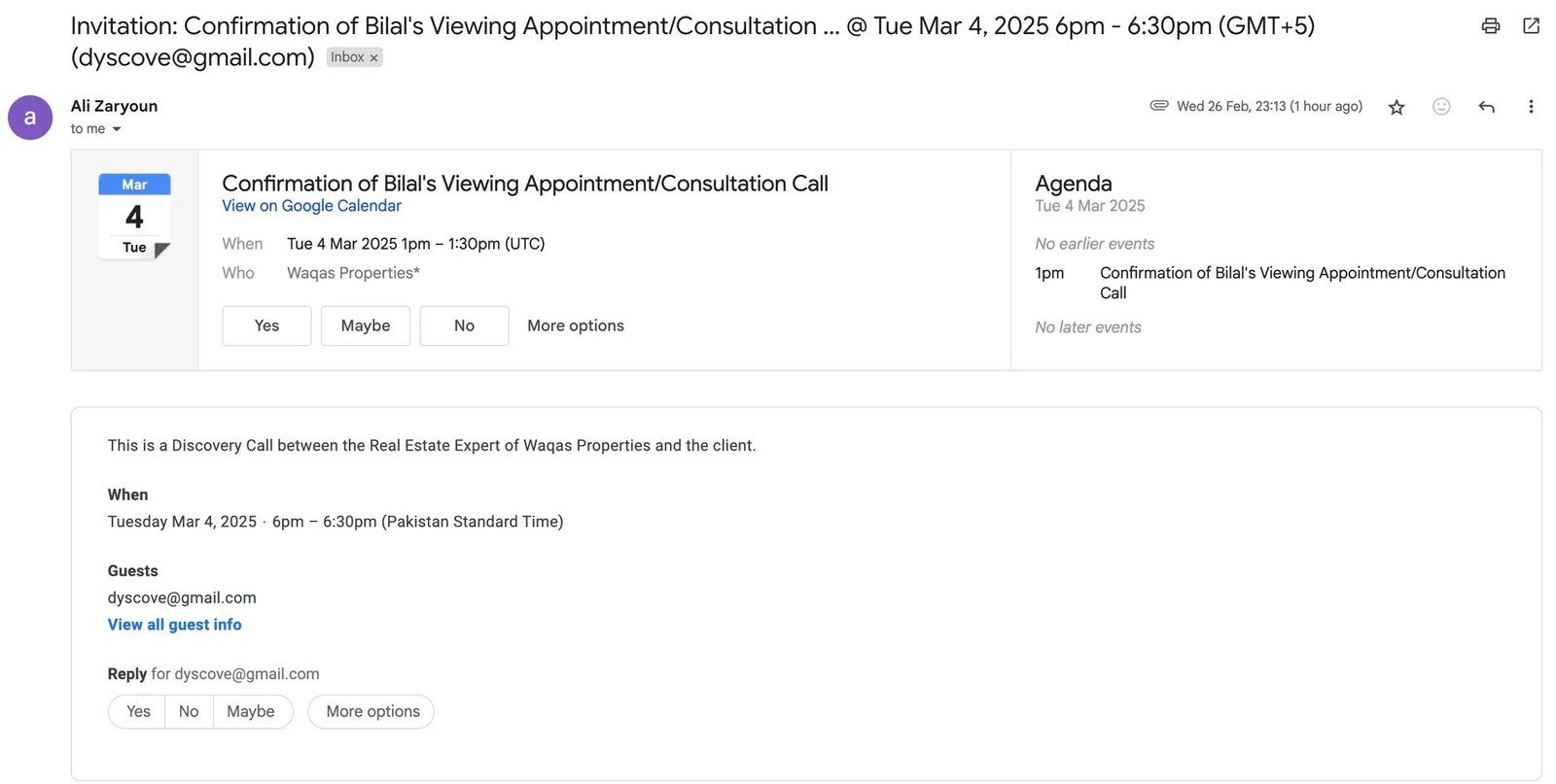 Real Estate Booking Confirmation Email