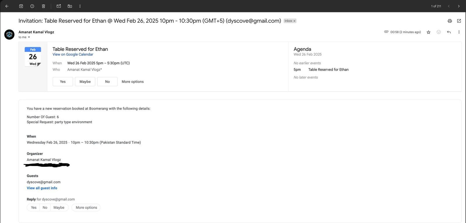 Restaurant Reservation Confirmation Email